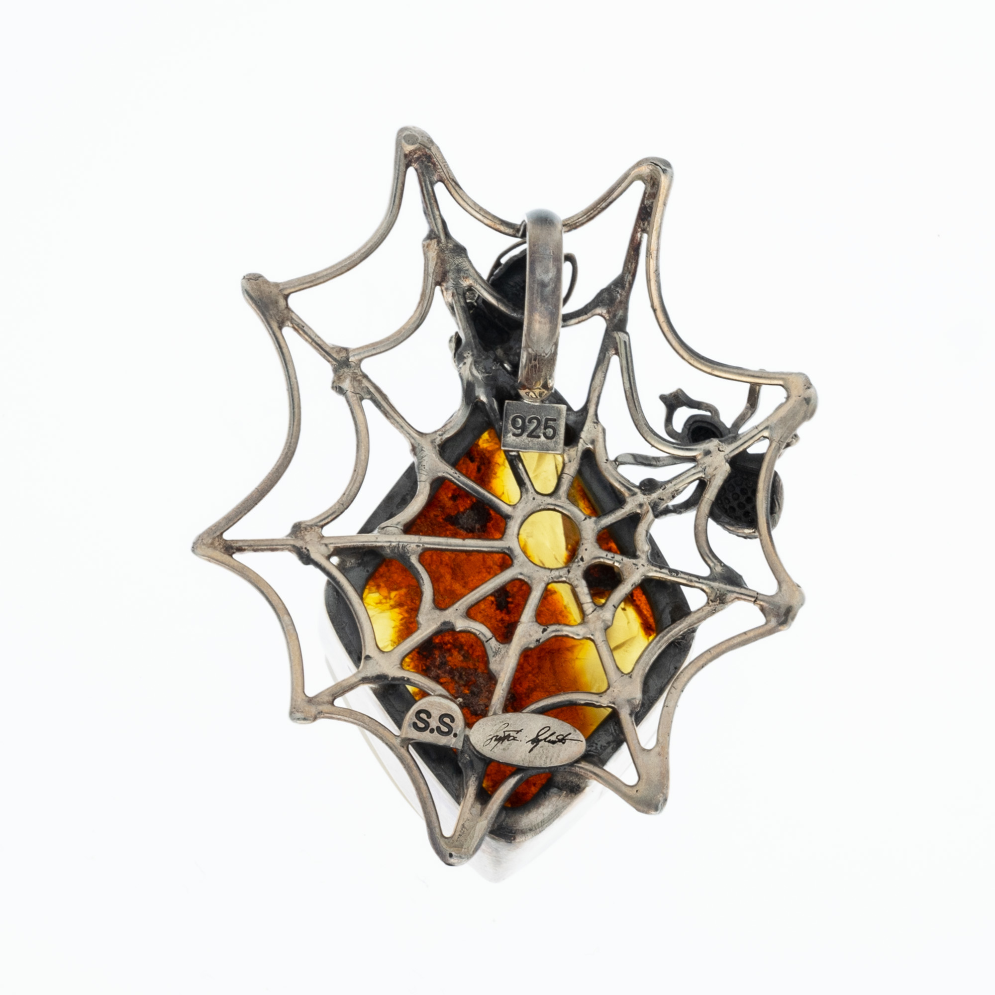 Sterling Silver and Baltic Amber Pendant with Spider and Fly 2